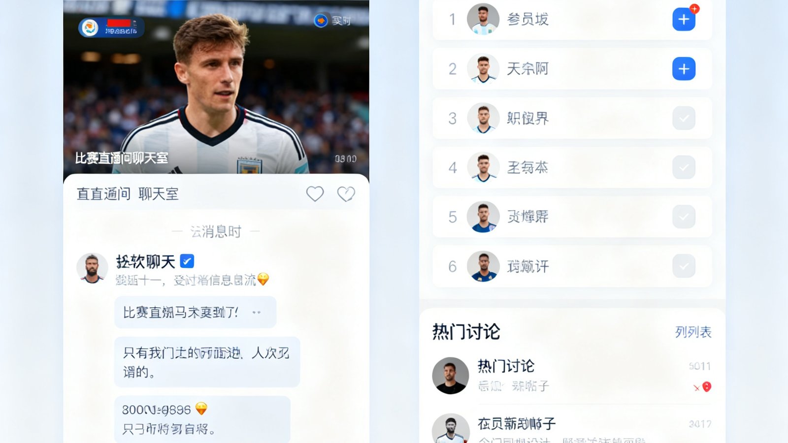 比分吧球迷社区界面截图，左侧显示比赛直播间聊天室实时消息流，右侧为赛后球员评分投票面板，底部展示热门讨论帖子列表，整体界面干净清晰